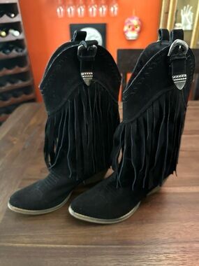 Very Volatile black suede fringe boot.